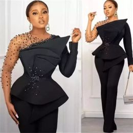 2023 Black Satin Evening Jumpsuit Dresses Long Sleeves Beaded Sheer Neck Peplum Formal Slim Fit Ocn Prom Dress Arabic Aso Ebi