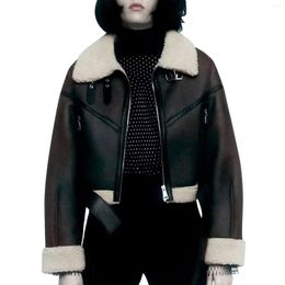 Women's Jackets Warm Leather Jacket Outwear For Women Winter Coat Plush Turn Down Long Sleeve Black Short Coats Travel Vintage