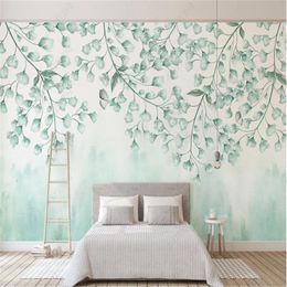 Wallpapers Custom Fresh Green Leaf Watercolor Style Nordic TV Simple Background Murals 3d For Bedroom Living Room Home Decor