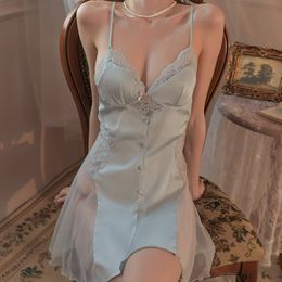 Sexy Pyjamas Women Sexy Lace Nightwear Summer Satin Sling Sleepwear Female Hollow Out Patchwork Nightie Embroidery Ladies Night Dress M-XL 230504