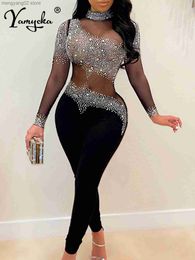 Women's Jumpsuits Rompers Sexy see through Rhinestone mesh bodycon jumpsuit women summer Long sleeve jumpsuits body birthday party club outfits bodysuit T230504