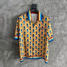 Mens Casual Shirts Casablanca Dreamland Gate Twill Silk Short Sleeve Cardigan Yellow Blue Causal Contrast Color Shirt for Men Women Clothing 230504