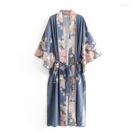 Women's Sleepwear Floral Cetak Ikat Pinggang Wanita Bohemian V Leher Batwing Lengan Blus Happie Maxi Kimono Jubah