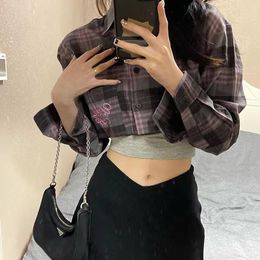 Women's Blouses HOUZHOU Y2k Vintage Plaid Shirts Women Kpop Korean Fashion Crop Top Harajuku Long Sleeve Streetwear Blouse Hippie Chic