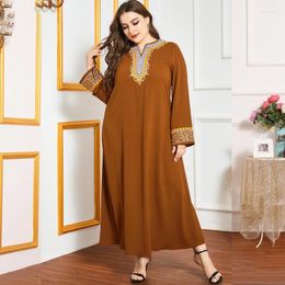 Ethnic Clothing Muslim Clothes For Women Simple Style Floral Embroidery Long Sleeve Brown Robes Loose Elegant Vintage Abaya Dresses Plus
