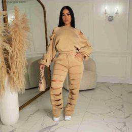 Women's Two Piece Pants Winter Casual Tracksuit Set Hollow Out Streetwear Long Mathing Clothes For Outfit T230504