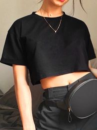 Womens TShirt Harajuku Shirt Funny Y2K Women Crop Tops Casual Black Femme Navel Tshirt Round Neck Short Loose Tee Shirt Summer Streetwear 230503