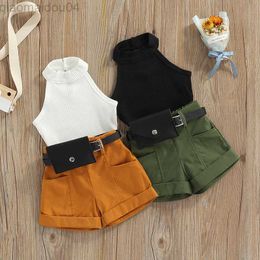 Clothing Sets Free Shipping Kids Clothes Girls Solid Colour Sleeveless Halter Tops + Shorts + Waist Bag Outfit Children AA230504