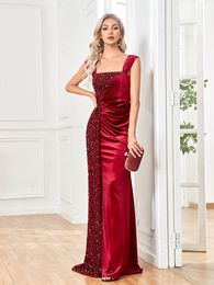 Party Dresses Lucyinlove Fashion Women Burgundy Red Sequin Party Dress Both Shoulders Ruffles Evening Dress Maxi Sexy Side Slit Long Dress 230504