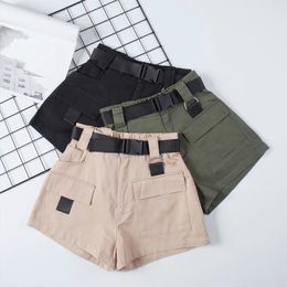 Women's Shorts High Waist Wide Leg Cargo Women's Shorts Vintage Sashes Solid Khaki Pocket Women Shorts Summer Fashion Casual Clothes 230504