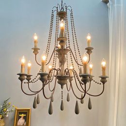 Chandeliers Vintage White Wooden Beads Chandelier Lighting Foyer Suspension Lustre Retro Elegant Beautiful Lobby Light Loft Decor