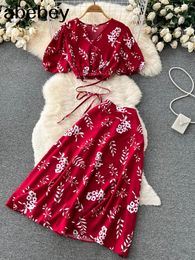 Two Piece Dress Women Summer Floral Sets Sexy V Neck Tops Long Print Skirt Design Beach Suit Holiday Elastic Waist Set 230504