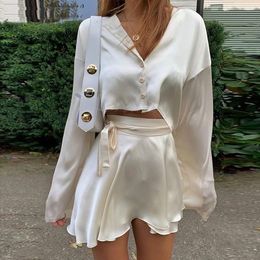 Skirts White Elegant Satin 2 Two Piece Set Women Lantern Long Sleeve Crop Tops Cardigan Sexy High Waist Mini Tennis Sport 230503