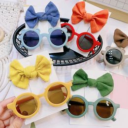 Hair Accessories 2Pcs/Set Summer Kids Headband Round Sunglasses Vintage Solid Color Children Bear Sun Glasses UV Protcetion Baby