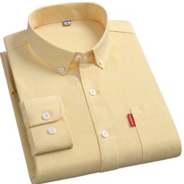 Men's Casual Shirts 100% Cotton Shirt for Men Oxford Fabric Long Sleeve Solid Comfort Single Pocket Design Standard-fit Button Yellow Social Shirts 230504