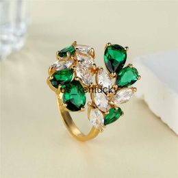 Band Rings White Zircon Geoemtric Engagement Ring Antique Gold Colour Wedding Ring Green Crystal Water Drop Stone Rings For Women Accessory