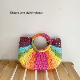 Shoulder Bags Bohemia Colourful Contrasting Colors Women Hand-Woven Straw Bag Round Handle Half- Moon Shape Ladies Handbag Summer Beach Totes