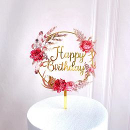 Festive Supplies Other & Party Rose Flowers Happy Birthday Acrylic Cake Toppers Gold Topper Decor For Wedding Decorations