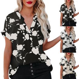 Women's Blouses Dark Rose Print Short Sleeve Shirt Women's Summer Lapel Dressy Top Wedding Camisole Women Silk Satin Shirts