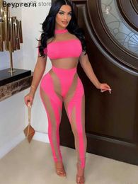 Women's Jumpsuits Rompers Fashion Pink Nude Mock Neck Sheer Mesh Long Sleeve Jumpsuits Womens See-Through Skinny Rompers Neon Outfits Active Wear T230504