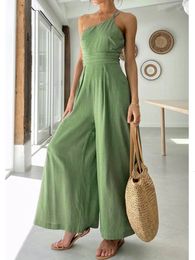 Women's Jumpsuits Rompers Foridol Waist Folds Backless Double Strap Casual Wide Leg Jumpsuit Long Pants Green Female Loose Jumpsuit 230503