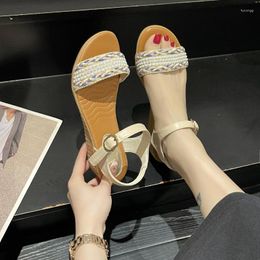 Sandals 2023 Summer Sexy Wedge Peep Rhinestone Crystal Rivet Cut Out String Bead Mixed Colours Genuine Leather Women Gladiator Sandal