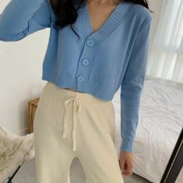 Women's Knits Women Long Sleeve Sweater Cardigan Sexy V-Neck Button Down Cropped Jacket Sweet Solid Candy Colour Loose Knitted Coat