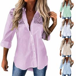 Women's Blouses Women's Loose Fitting Long Sleeved Lace Patchwork Lapel Shirt Solid Color