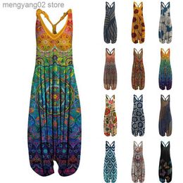 Women's Jumpsuits Rompers S-5Xl Ethnic Style Jumpsuit Rompers Women Sleeveless Long Harem Jumpsuit Women Summer Sexy Sling Wide Leg Jumpsuits CasualBoho T230504