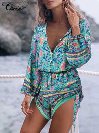 Women's Jumpsuits Rompers Bohemian Drawstring Playsuits Women Sexy Holiday V-neck Lace Up Rompers Puff Sleeve Floral Print Overalls Short Jumpsuits T230504