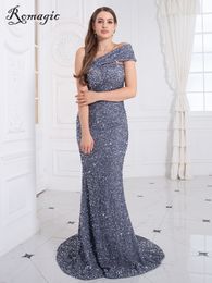 Party Dresses Romagic Stretch Sequin Floor Length Evening Prom Gown Off Shoulder Bodycon Grey Mermaid Luxury Wedding Party Dress Sleeveless 230504