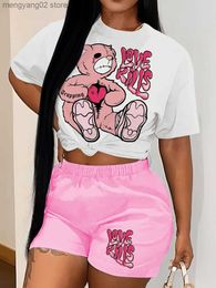 Women's Two Piece Pants LW Teddy Bear Love Letter Print Shorts Set White Pullover Short Sleeve Tee Matching Elastic Waist Pink Bottoms 2pcs Outfits T230504