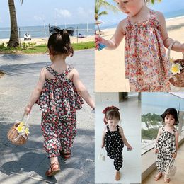 Clothing Sets Summer Girls Back CrossFlower Suspender Top Nine Point Pants Baby Children Clothes Suit Fashion Kids Outfit 230504