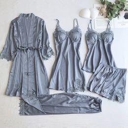 Women's Sleepwear Gray Nightgown Set Women Lace Nightwear V-Neck Pajamas Suit Homewear Spring Sleepwear Robe Gown Sleep Wear Pijama Negligee 230503