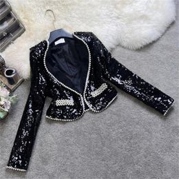 Women's Jackets Women Jacket Bring Sequins Pearl Splice V-Neck Wear Versatile Top Coat