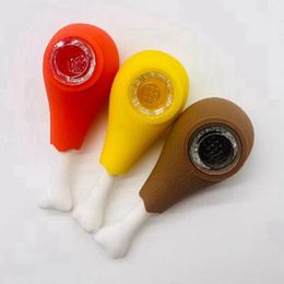 Portable Colourful Silicone Pipes Chicken Leg Style Glass Nineholes Singlehole Philtre Bowl Dry Herb Tobacco Cigarette Holder Hookah Waterpipe Bong Smoking Tube DHL