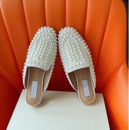 White Pearls Half Slippers Cover toe Genuine Leather Women Driving Loafers Sweet Lady Slides Shoes Big Size 35-42