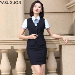 Waistcoats YASUGUOJI Elegant Fashion Women Vest Work Wear Slim V Neck Formal Office Ladies Elegant Interview Vest Coat Plus Size Uniforms