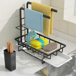 Organisation Kitchen Sink Organiser Sponge Holder with Towel Rack Drain Pan for Kitchen Bathroom Storage Sponge Brush Soap Dish Rack