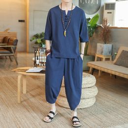 Mens Tracksuits Trend Chinese Style Cotton and Linen Shortsleeved Suits Tshirt Cropped Trousers Twopiece 230503