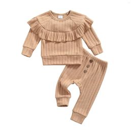 Clothing Sets 0-18M Born Baby Girl Autumn Solid Warm Two-piece Ruffles Round Neck Long Sleeve Tops Elastic Waist Pants Outfit
