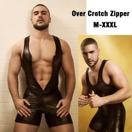 Men's Tank Tops Men Lingerie Bodysuit Costumes Clubwear Black Sexy Faux Leather Zipper Open Bust Stretch Tight Erotic Catsuit Fetish Gay 230504