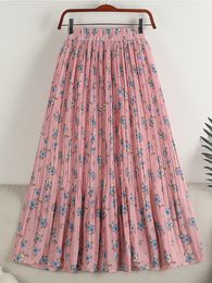 Skirts SURMIITRO Midi Long Pleated Skirt Women Summer Korean Fashion Pink Chiifon Floral Print A Line High Waist Skirt Female 230504