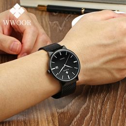 Wristwatches WWOOR Men Fashion Minimalist Ultra Thin Watch For Business Stainless Steel Mesh Belt Quartz Male Relogio Masculino