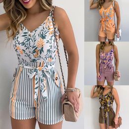 Women's Jumpsuits Rompers Women's Summer Print Jumpsuit Short Pants Casual Slim Bandage V-Neck Beach Rompers Sleeveless Bodysuit Sexy Playsuit 230504