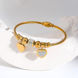 Bangle Greatera Romantic Rhinstone Heart Beads Charm Stainless Steel Bangles Bracelets For Women Gold Plated Jewellery Anniversary Gift