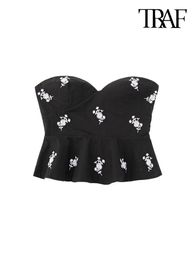 Camisoles Tanks TRAF Women Fashion Floral Embroidered Cropped Poplin Bustier Tops Vintage Strapless Side Zipper Female Camis Mujer 230503