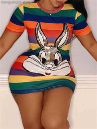 Casual Dresses LW Sweet Character Printed Sheath Multicolor Mini Dress Colour Block Body Body-shaping T-shirt Female Y2k Hipster Skirt T230504