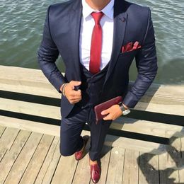 Navy Blue Mens Suits Casual Business Slim Fit Wedding Tuxedos Groom Wear 3Pcs Jacket Pants Vest Bridegroom Prom Suits
