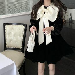 Casual Dresses 2023 Autumn Bow Long Sleeve Dress For Women A-line Skirt Black Knee-Length Full Solid